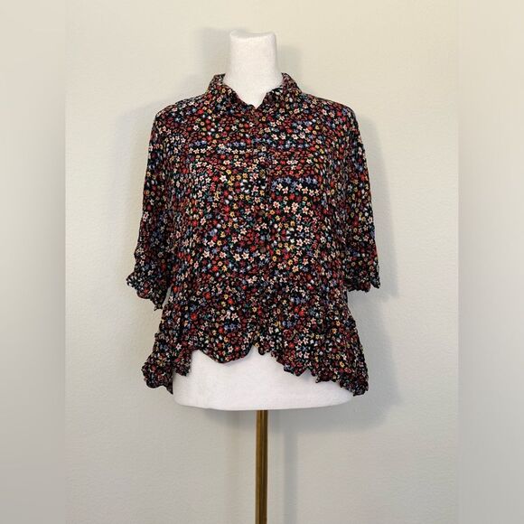 Mauve by Anthropologie Button Up Ruffle Black Floral Collared Top Size Small - Picture 4 of 16